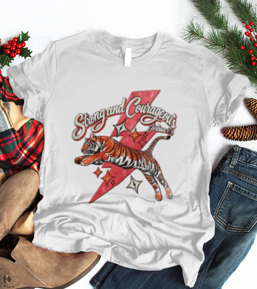 Strong And Courageous Joshua 1 9 Leaping Tiger Pink Lightning Bolt Stars T-Shirt