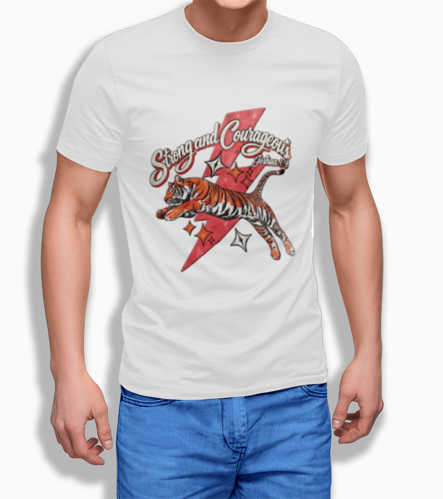 Strong And Courageous Joshua 1 9 Leaping Tiger Pink Lightning Bolt Stars T-Shirt