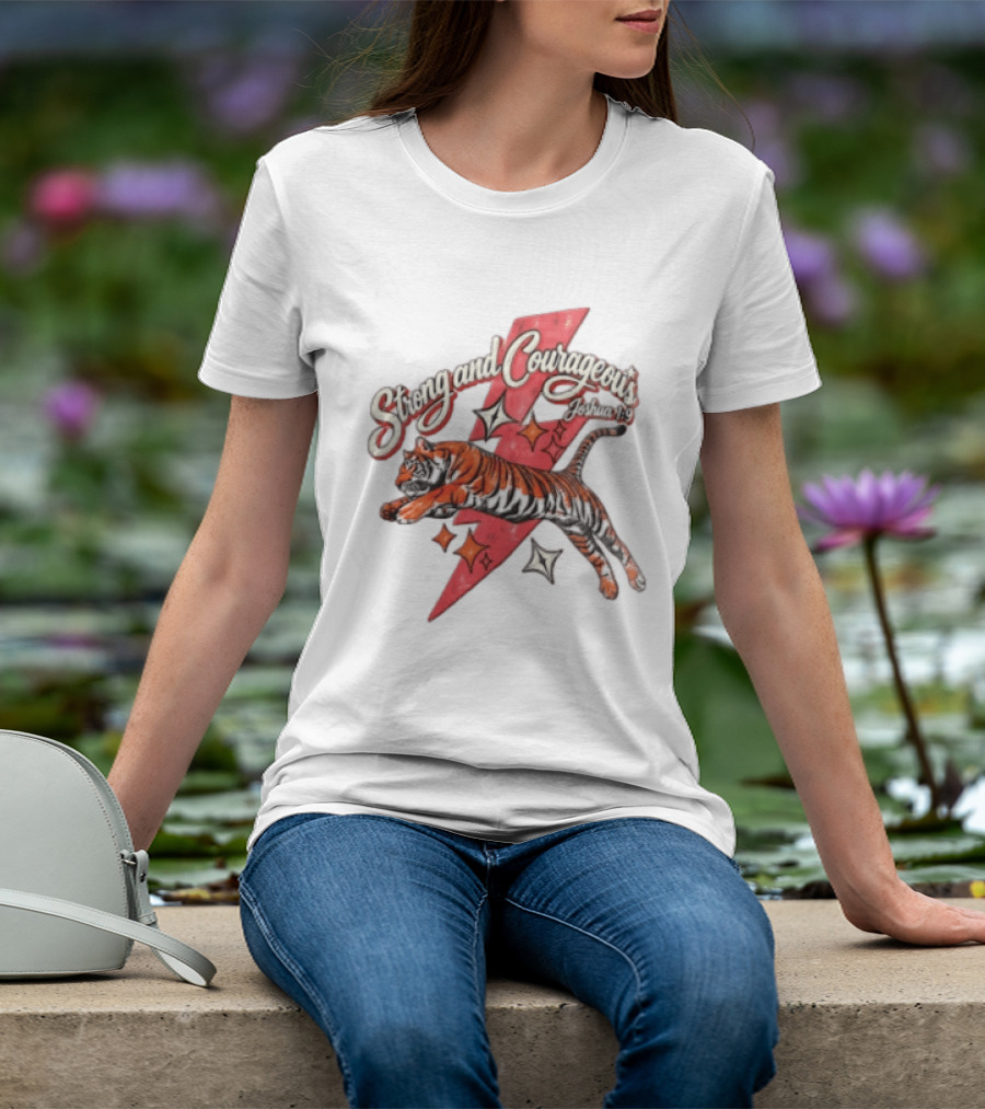 Strong And Courageous Joshua 1 9 Leaping Tiger Pink Lightning Bolt Stars T-Shirt