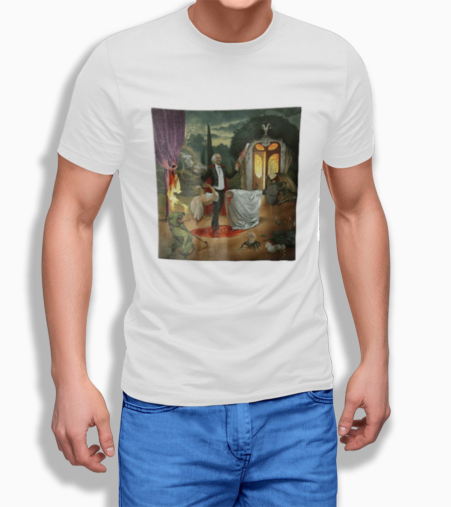 Surreal Gothic Man With Candle And Floating Figures Mysterious Enchantment T-Shirt