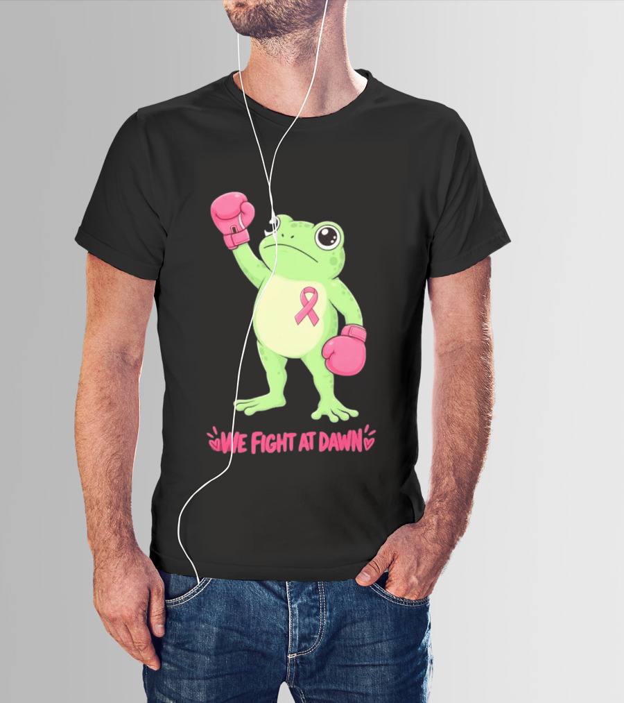 Boxing Frog We Fight At Dawn Breast Cancer Awareness Pink Gloves Ribbon T-Shirt