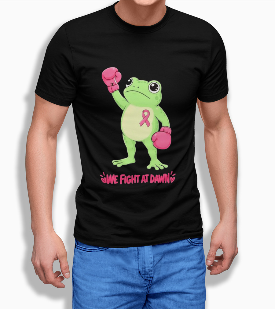 Boxing Frog We Fight At Dawn Breast Cancer Awareness Pink Gloves Ribbon T-Shirt