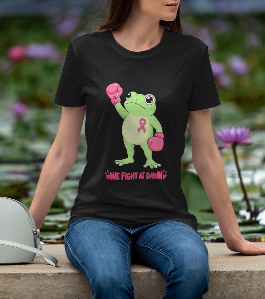 Boxing Frog We Fight At Dawn Breast Cancer Awareness Pink Gloves Ribbon T-Shirt
