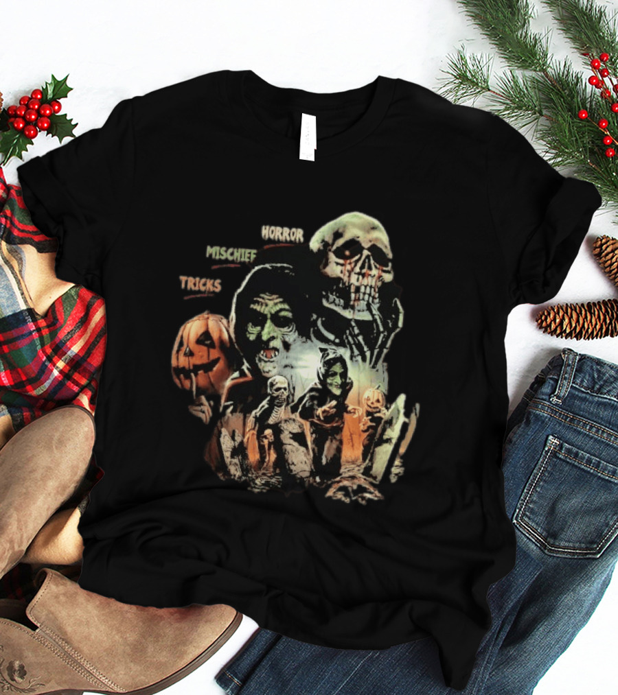 Halloween Horror Mischief Tricks Spooky Trio Skeletons And Jack O' Lanterns T-Shirt