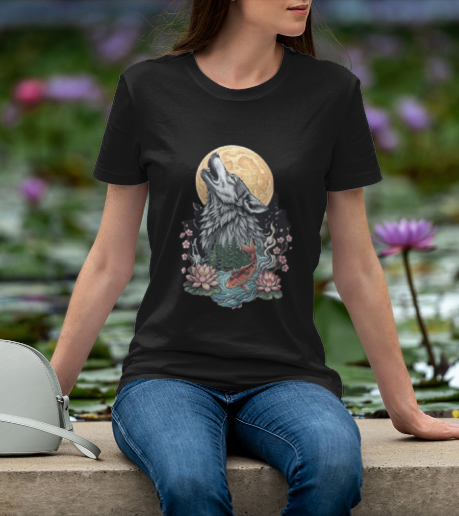 Howling Wolf Full Moon Koi Lotus Blossoms T-Shirt