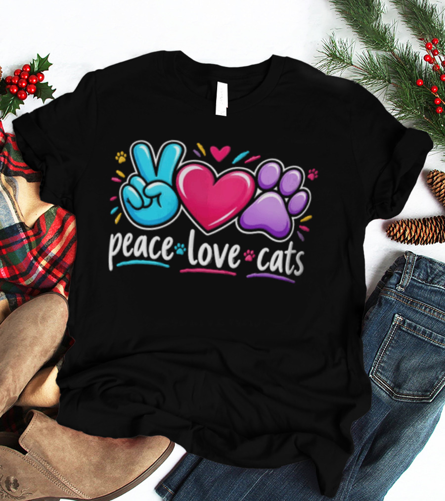 Peace Love Cats Sign Heart Paw Rainbow T-Shirt