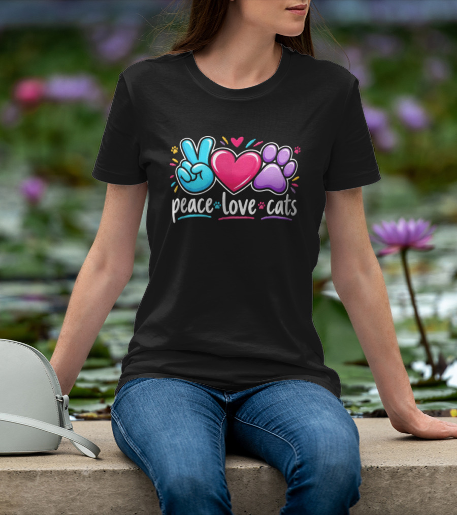 Peace Love Cats Sign Heart Paw Rainbow T-Shirt