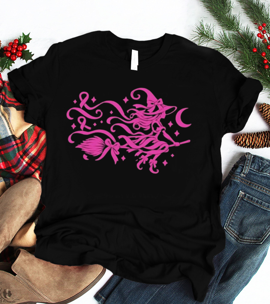 Pink Witch Riding Broom With Breast Cancer Awareness Ribbon T-Shirt