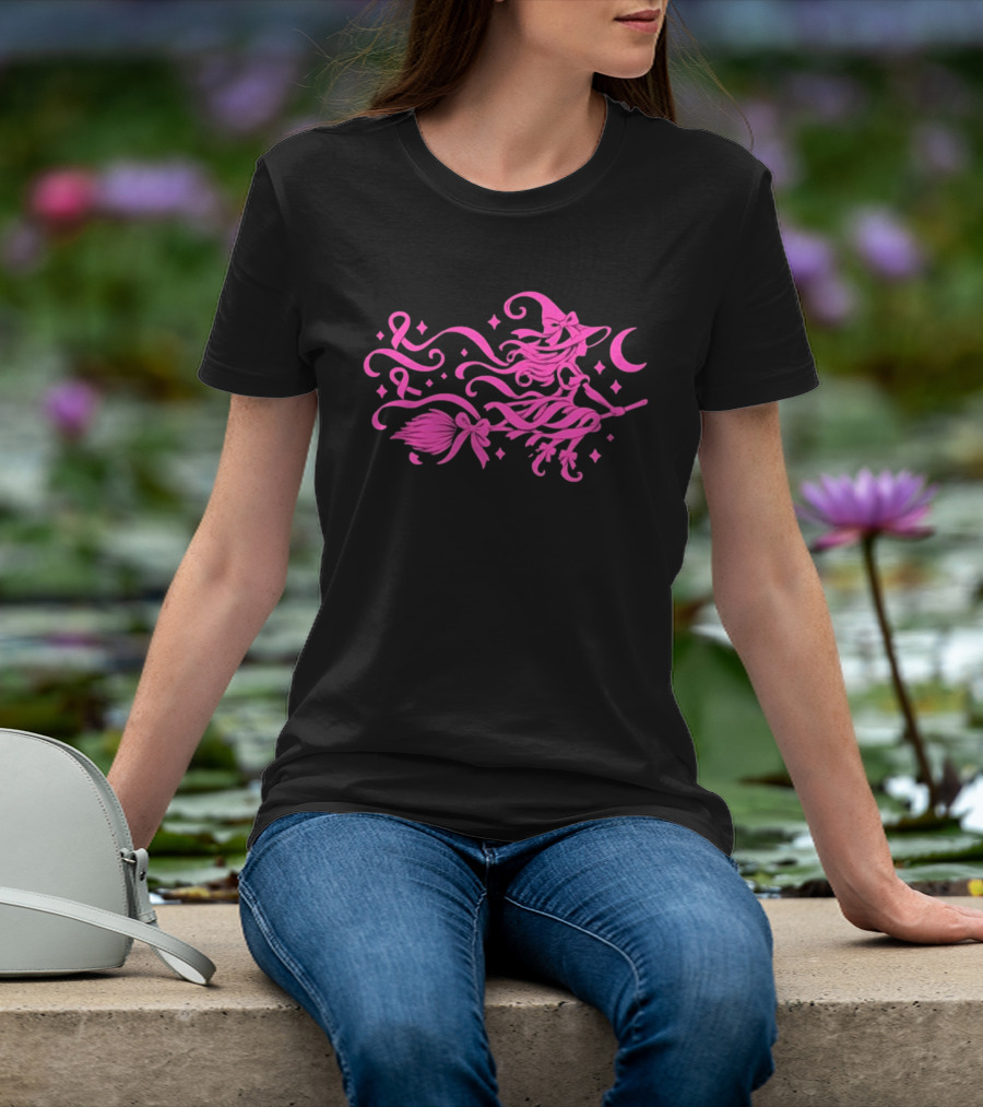 Pink Witch Riding Broom With Breast Cancer Awareness Ribbon T-Shirt
