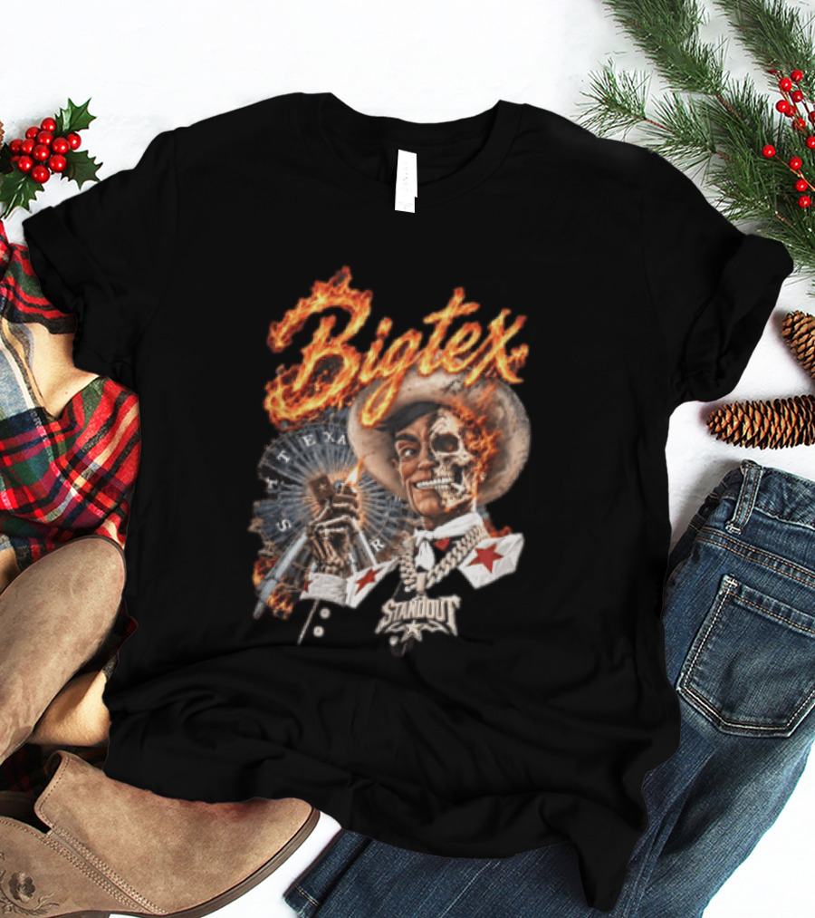 Big Tex Skeleton Cowboy Flaming Hat Texas Star Ferris Wheel T-Shirt