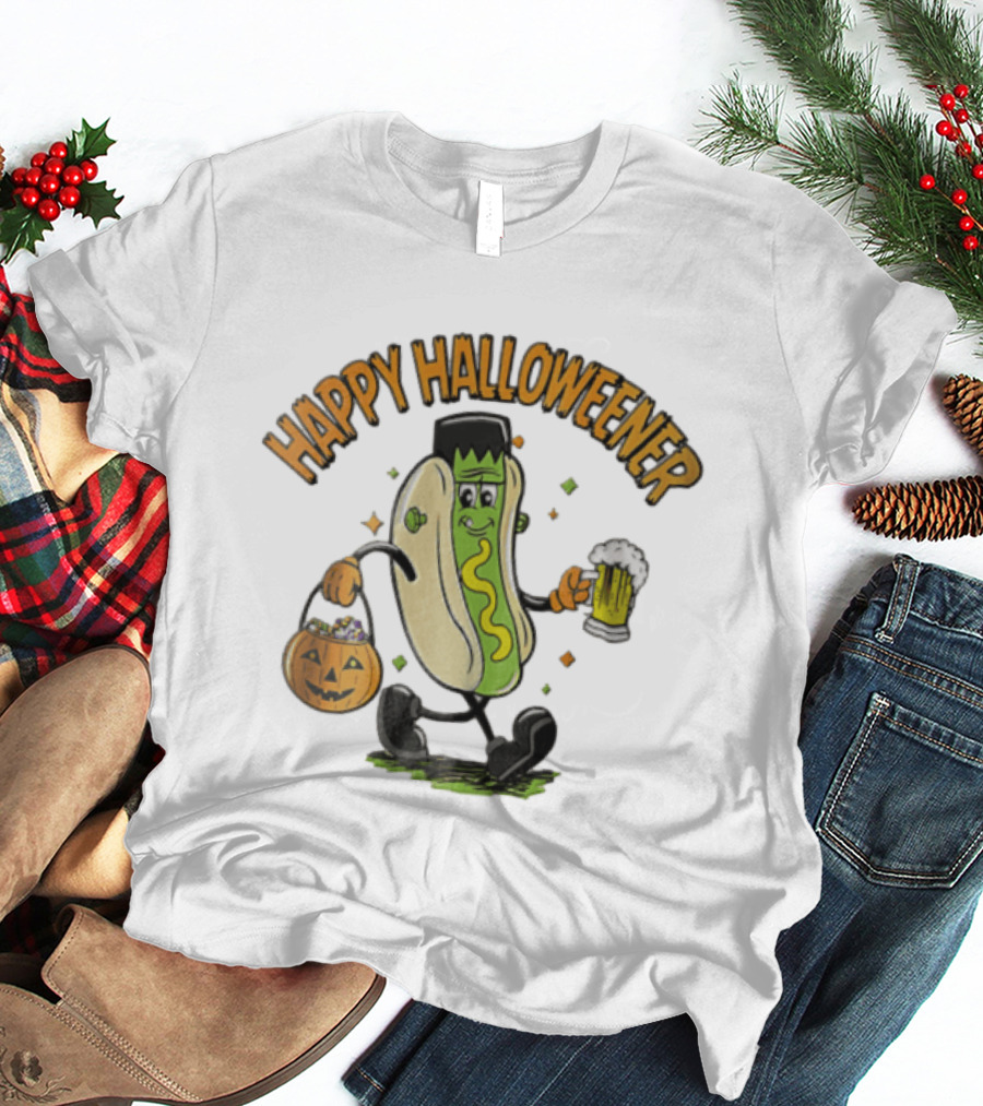 Happy Halloweener Frankenstein Hot Dog With Beer And Pumpkin Bucket T-Shirt