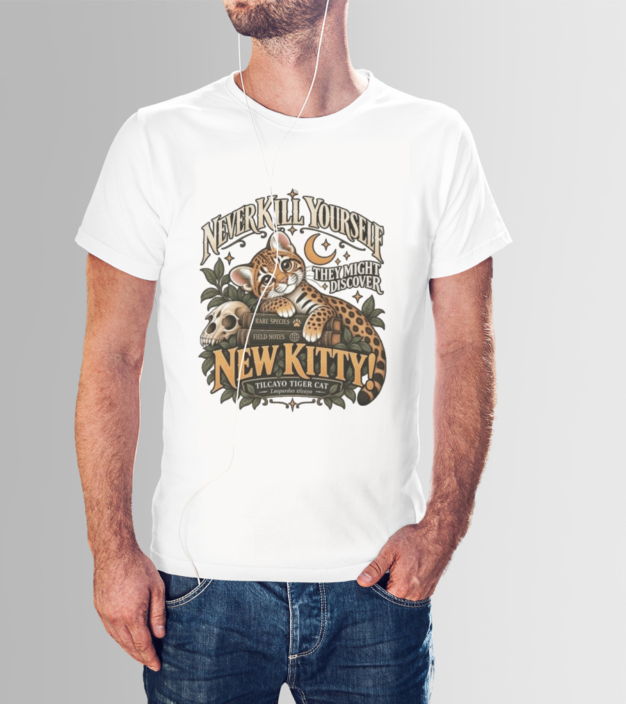 Never Kill Yourself They Might Discover New Kitty Tilcayo Tiger Cat Leopardsus Tilcayo Rare Species Field Notes T-Shirt