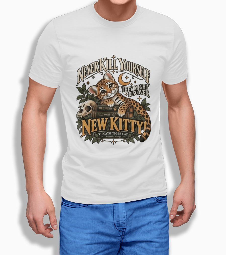 Never Kill Yourself They Might Discover New Kitty Tilcayo Tiger Cat Leopardsus Tilcayo Rare Species Field Notes T-Shirt