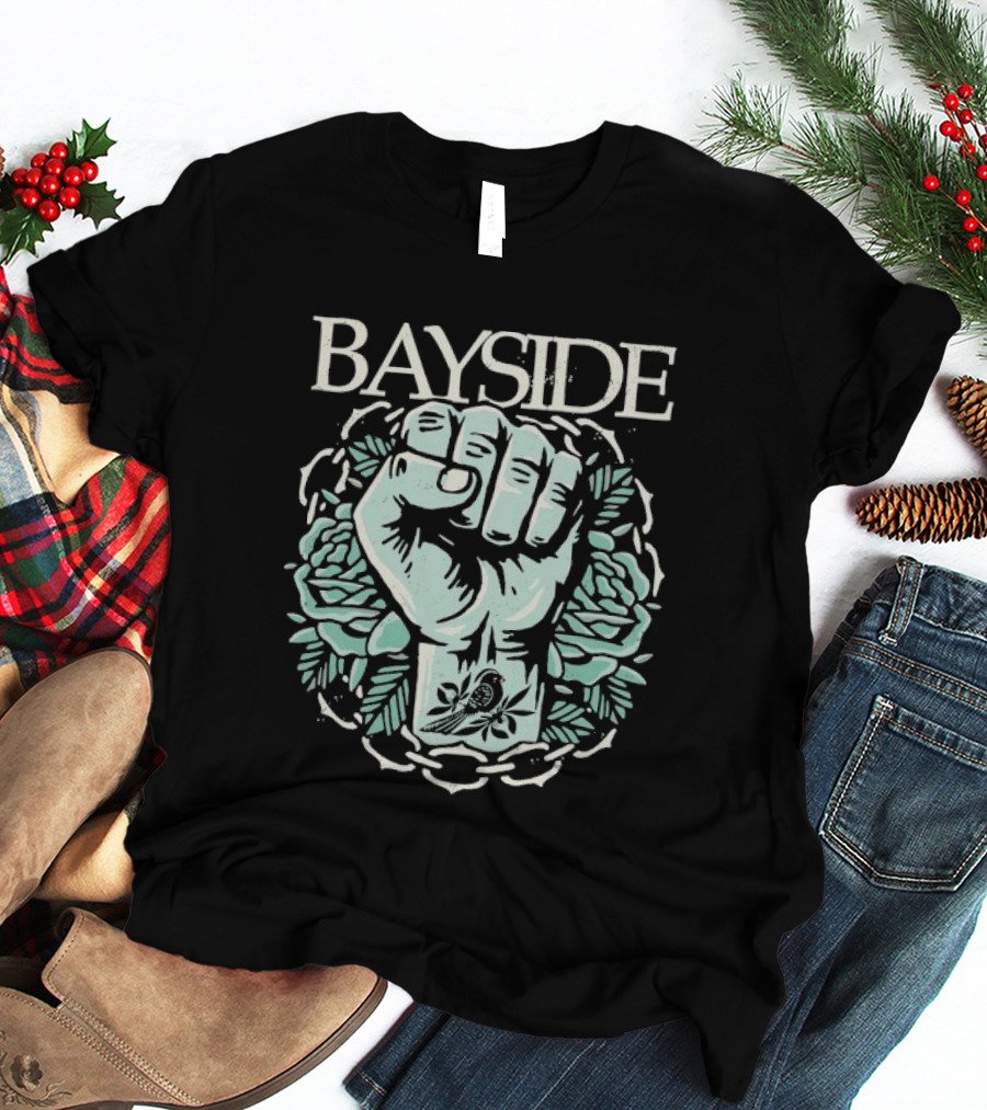 Bayside Acoustic Fist Tattoo Style With Roses And Fist In Chain Circle T-Shirt
