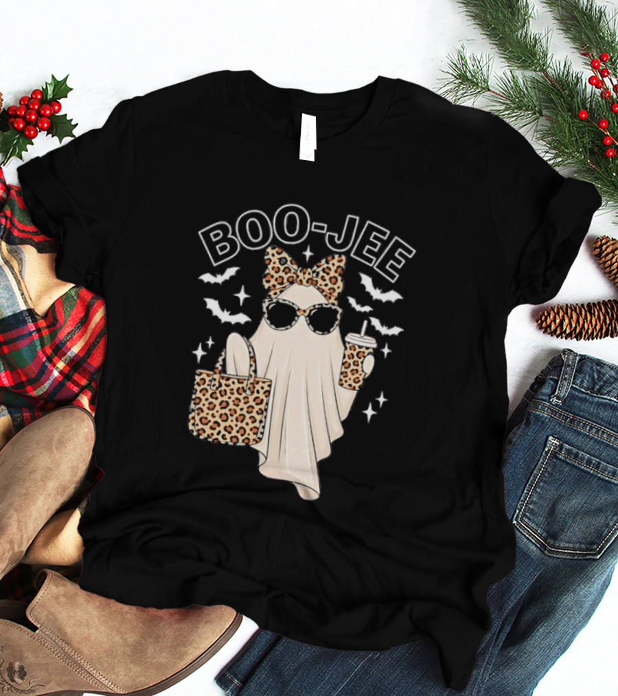 Boo Jee Stylish Ghost With Leopard Print Accessories And Bats T-Shirt