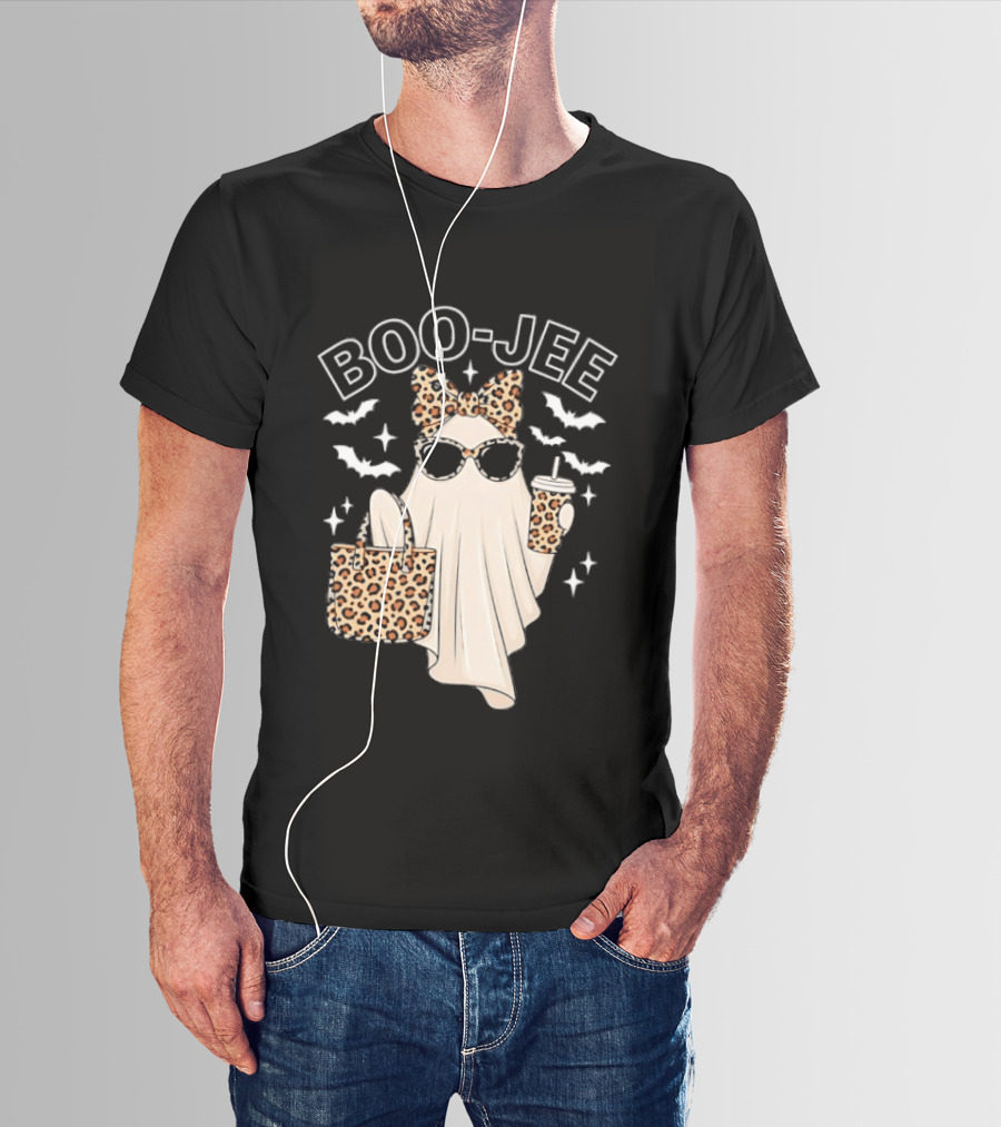 Boo Jee Stylish Ghost With Leopard Print Accessories And Bats T-Shirt