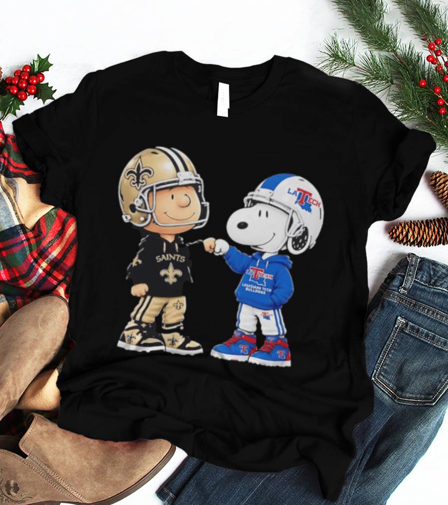 Charlie Brown Saints And Snoopy Louisiana Tech Bulldogs Team Helmet Fist Bump T-Shirt
