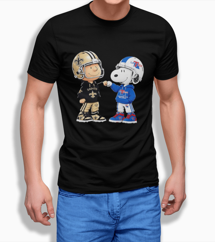 Charlie Brown Saints And Snoopy Louisiana Tech Bulldogs Team Helmet Fist Bump T-Shirt
