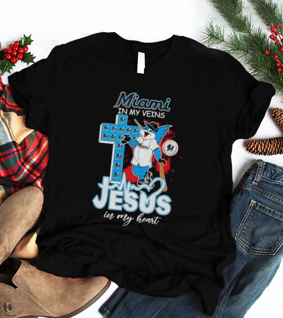 Miami Marlins In My Veins Jesus In My Heart Cross Baseball T-Shirt