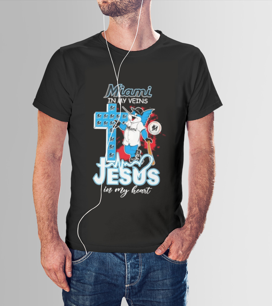 Miami Marlins In My Veins Jesus In My Heart Cross Baseball T-Shirt
