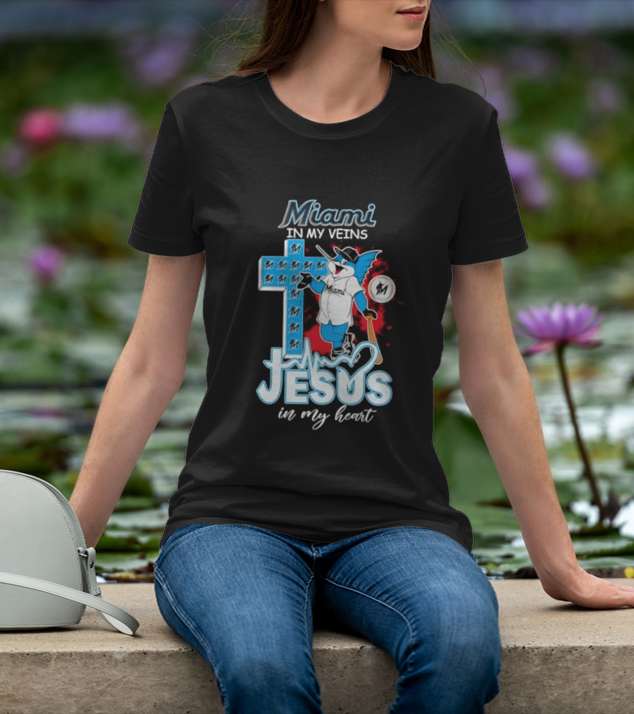 Miami Marlins In My Veins Jesus In My Heart Cross Baseball T-Shirt