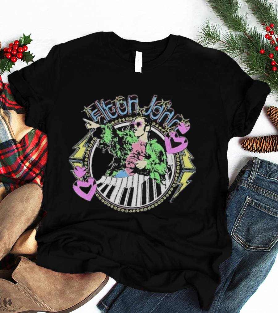 Elton John Distressed Colorful Piano And Hearts T-Shirt