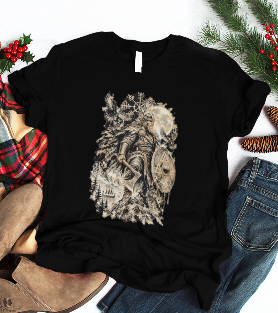 Norse God Viking Warrior Axe Valknut Symbol Raven Longship T-Shirt