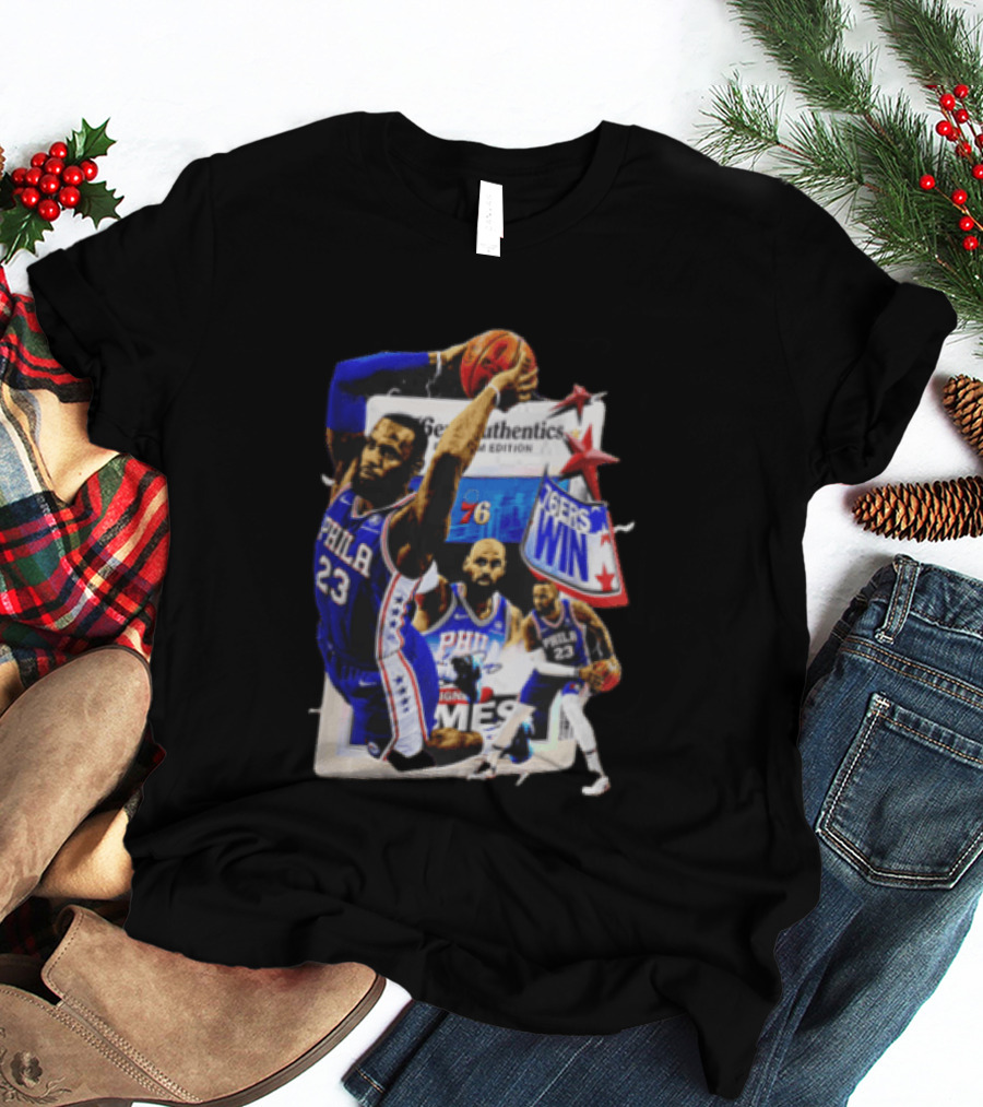 Philadelphia 76ers Lebron James Dunking Collage 76ers Win Edition T-Shirt