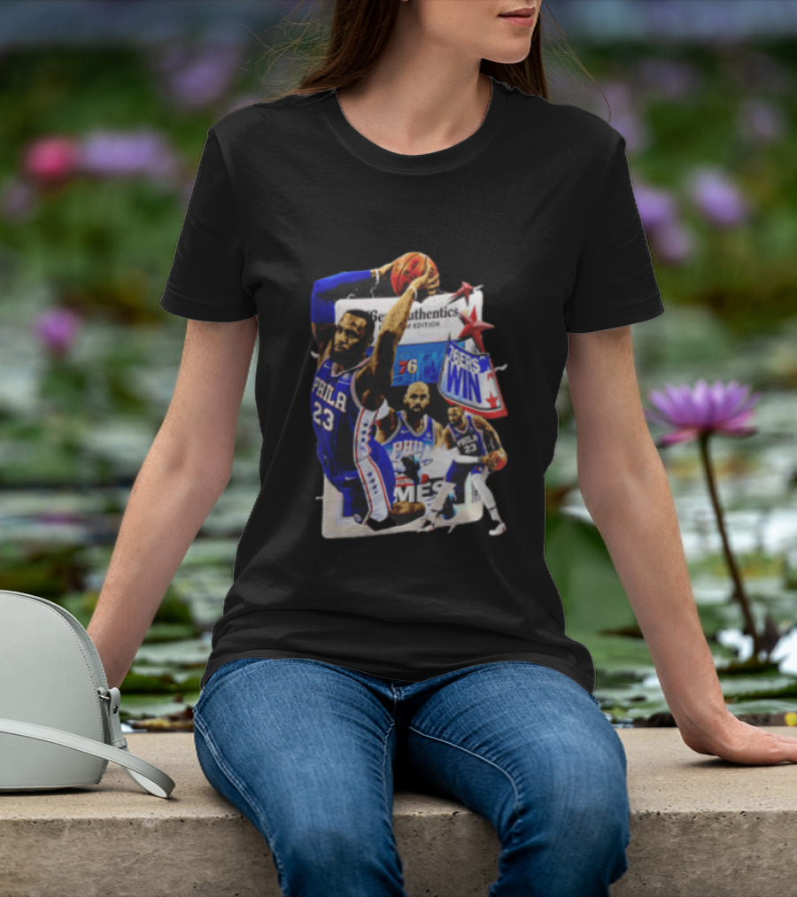Philadelphia 76ers Lebron James Dunking Collage 76ers Win Edition T-Shirt
