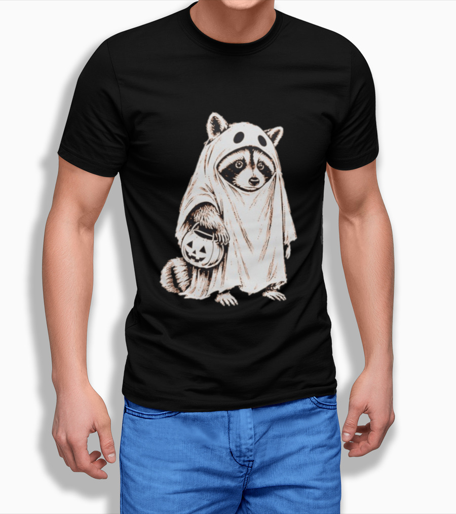 Raccoon Ghost Holding Pumpkin Bucket Halloween 2026 T-Shirt