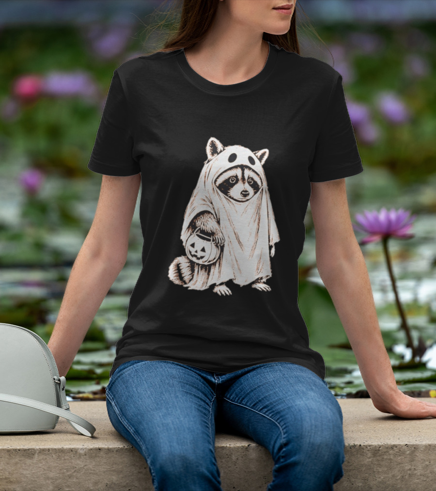Raccoon Ghost Holding Pumpkin Bucket Halloween 2026 T-Shirt