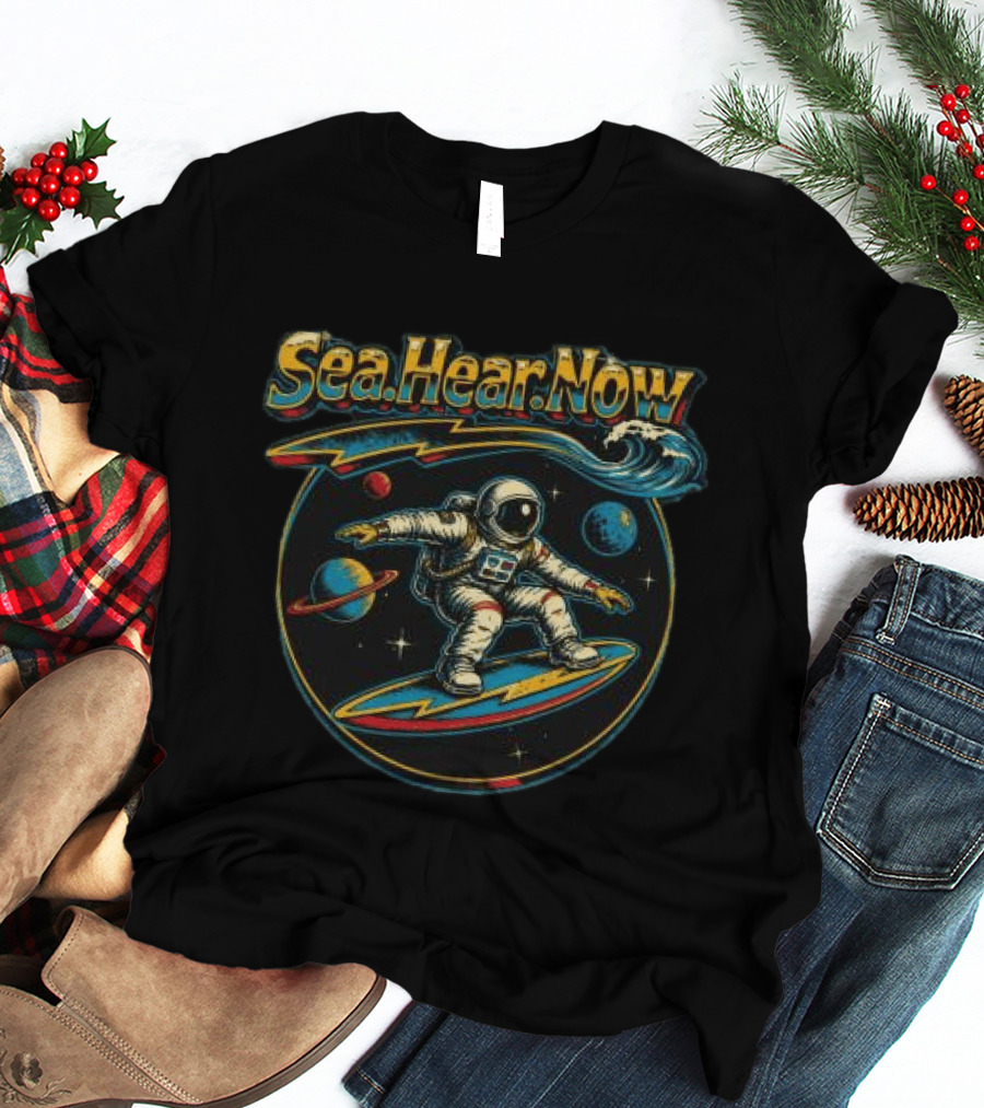 Sea Hear Now Astronaut Surfing Planets Lineup T-Shirt