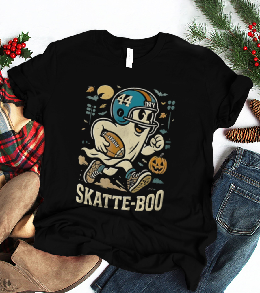 SKATTE BOO Football Helmet 44 Halloween Ghost Pumpkin T-Shirt