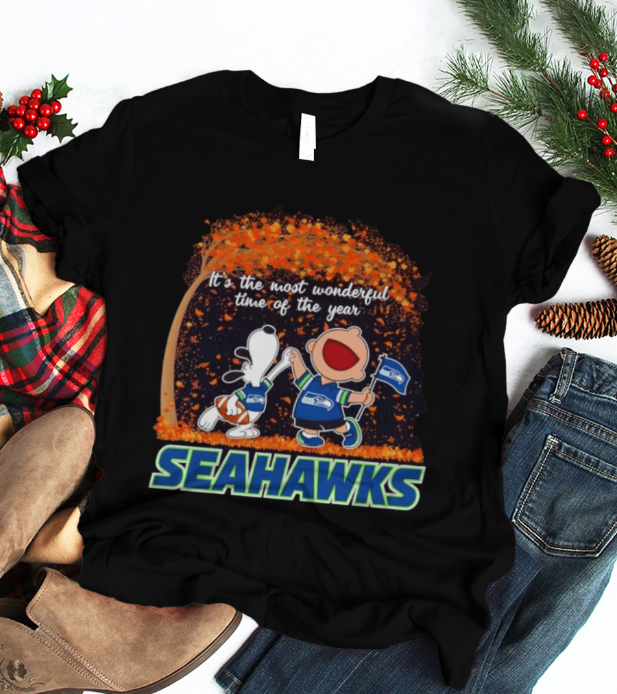Snoopy And Charlie Brown Dancing Seattle Seahawks The Most Wonderful Time Of The Year T-Shirt