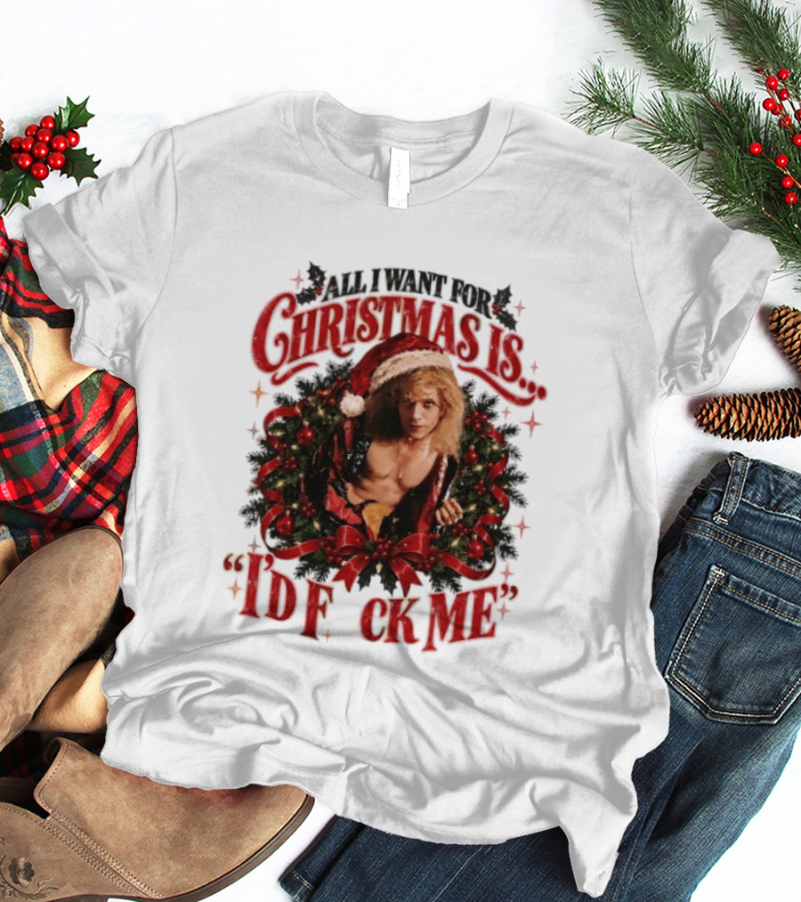 All I Want For Christmas Is I'd Fck Me Santa Hat Wreath Bow T-Shirt