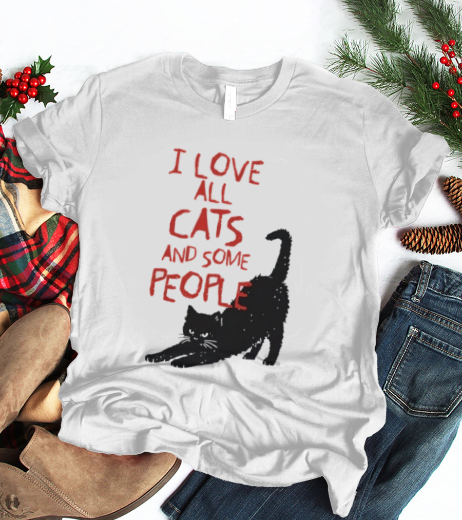 I Love All Cats And Some People Funny Cat Lovers Stretching Black Cat T-Shirt