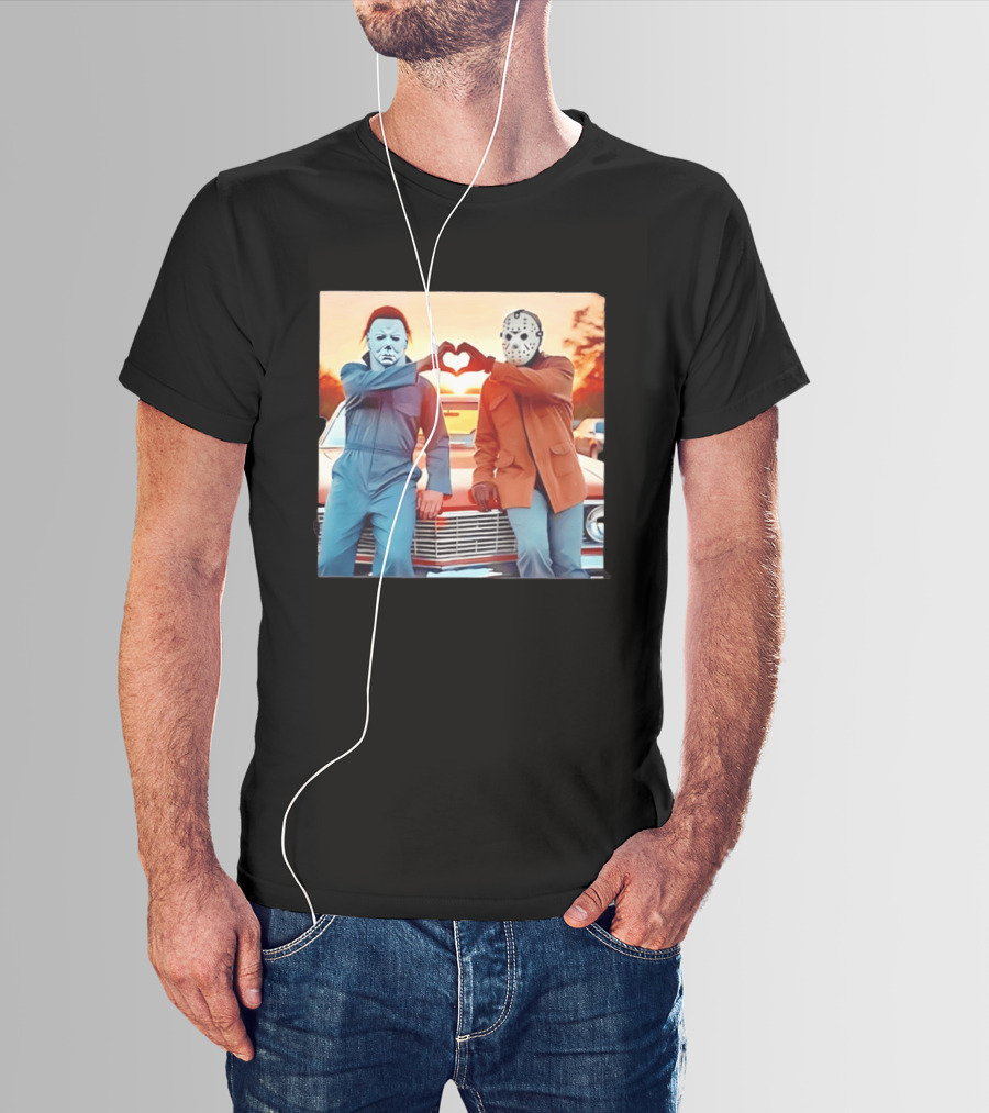Jason Voorhees Michael Myers Heart Sign Halloween Retro Car Sunset T-Shirt