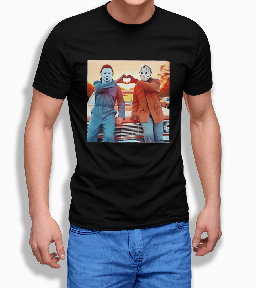 Jason Voorhees Michael Myers Heart Sign Halloween Retro Car Sunset T-Shirt