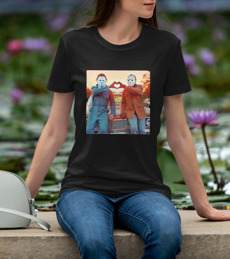 Jason Voorhees Michael Myers Heart Sign Halloween Retro Car Sunset T-Shirt