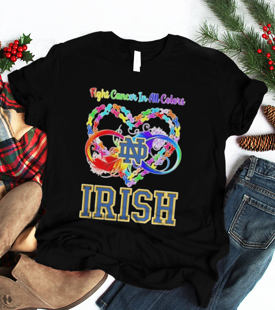 Fight Cancer In All Colors Notre Dame Irish Cancer Awareness Ribbon Heart T-Shirt
