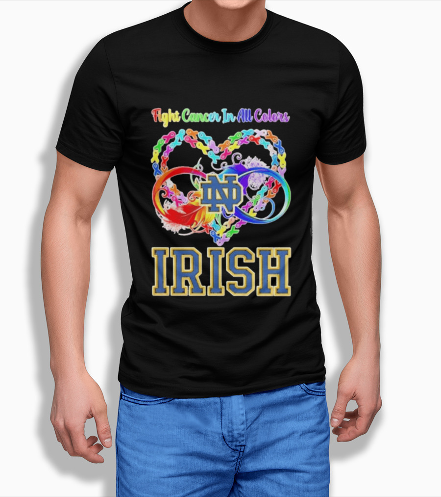 Fight Cancer In All Colors Notre Dame Irish Cancer Awareness Ribbon Heart T-Shirt