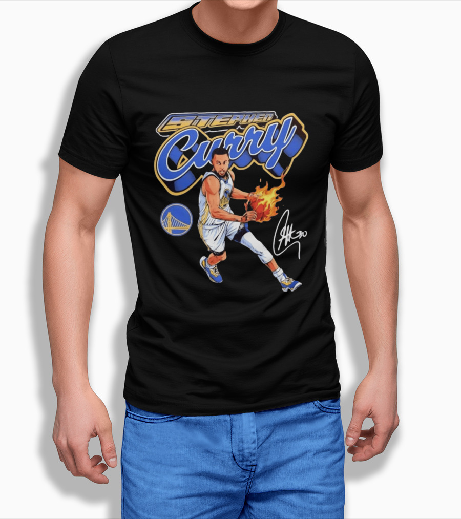 Stephen Curry Golden State Warriors Basketball Player With Flame Ball And Signature T-Shirt