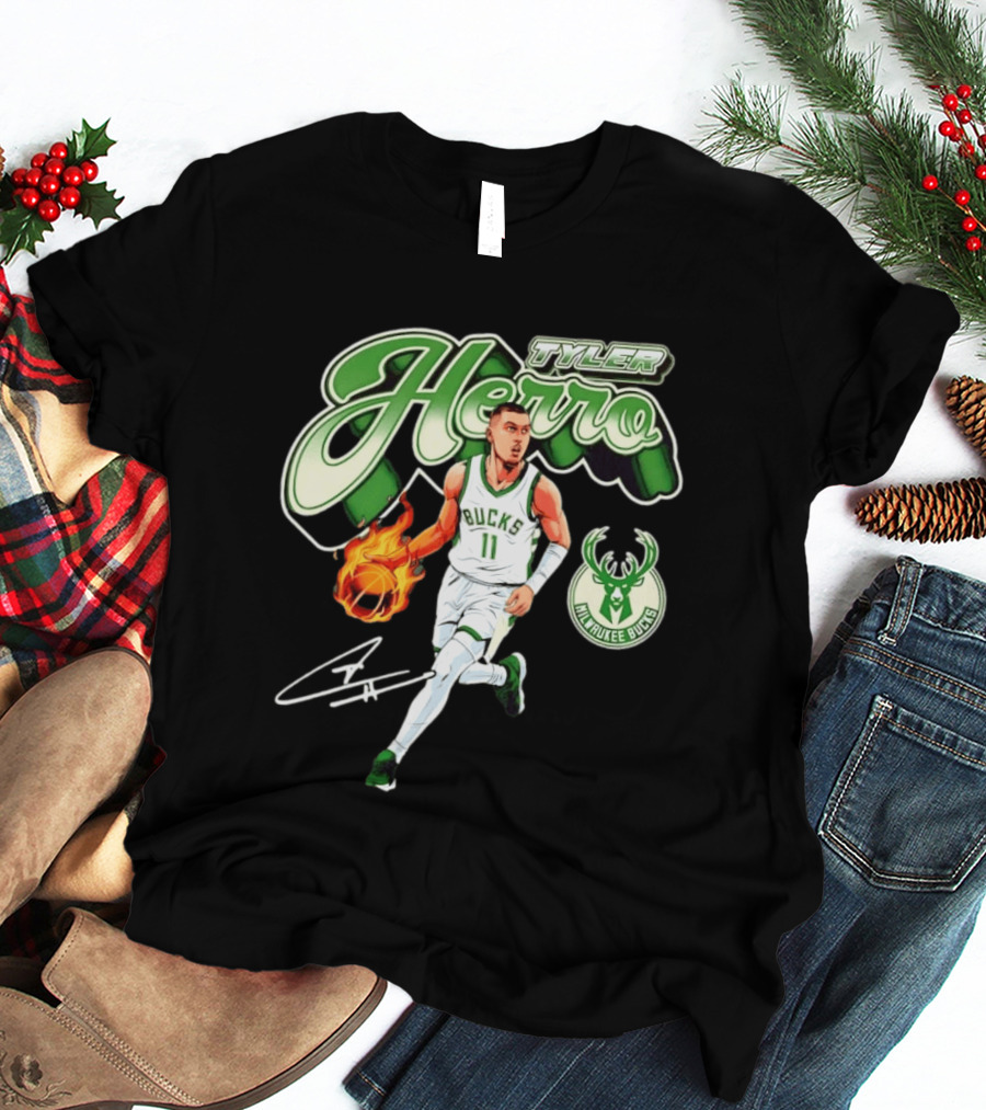 Tyler Herro Milwaukee Bucks Basketball Fireball Cursive Script T-Shirt