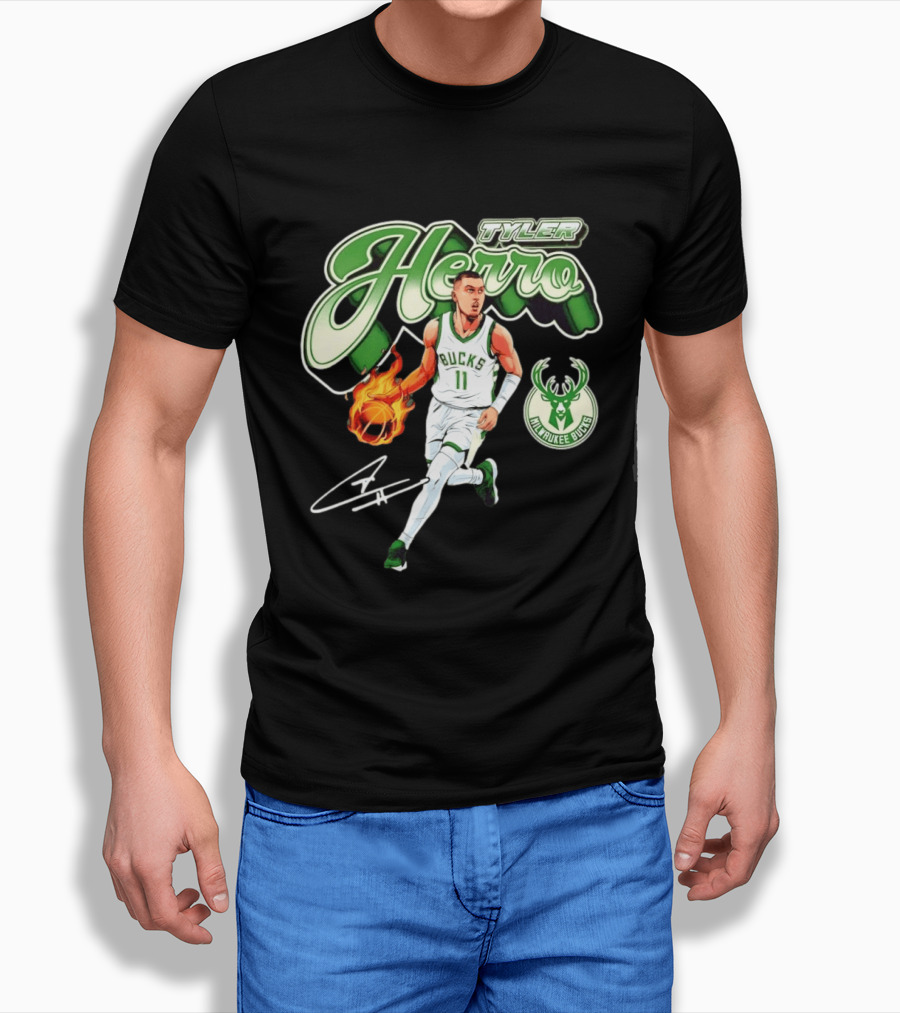 Tyler Herro Milwaukee Bucks Basketball Fireball Cursive Script T-Shirt
