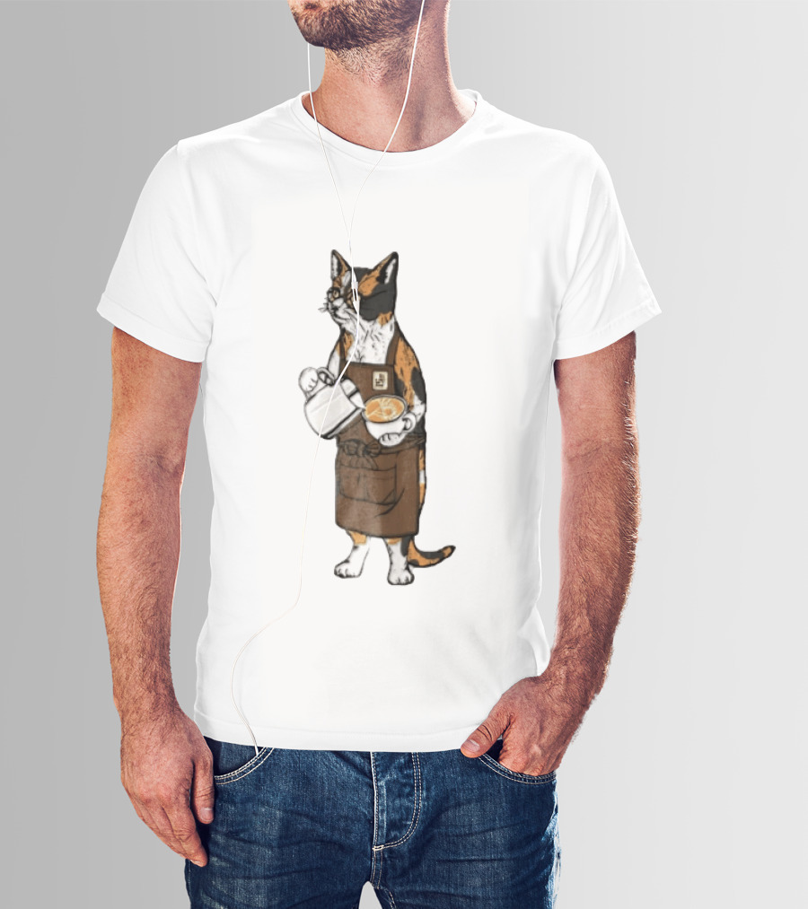 Cat Wearing Glasses And Apron Pouring Latte Art Coffee T-Shirt