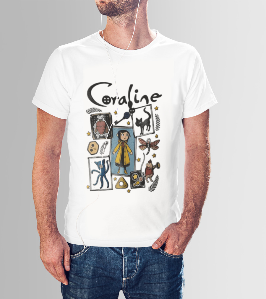 Coraline In Yellow Raincoat With Black Cat And Stars With Button Eyes T-Shirt