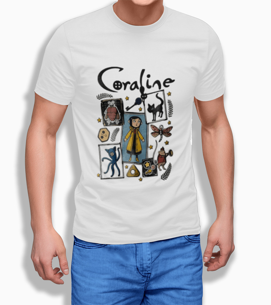 Coraline In Yellow Raincoat With Black Cat And Stars With Button Eyes T-Shirt