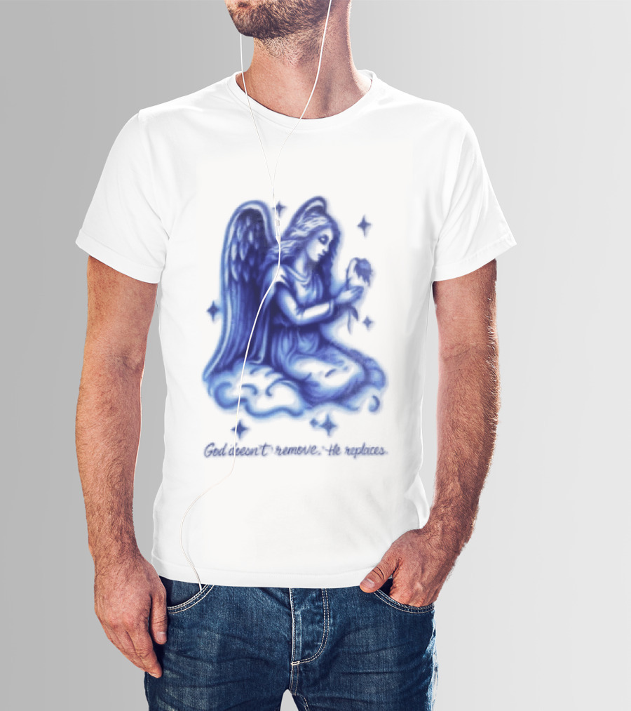 Angel Kneeling On Cloud Holding Flower God Does Not Remove He Replaces T-Shirt