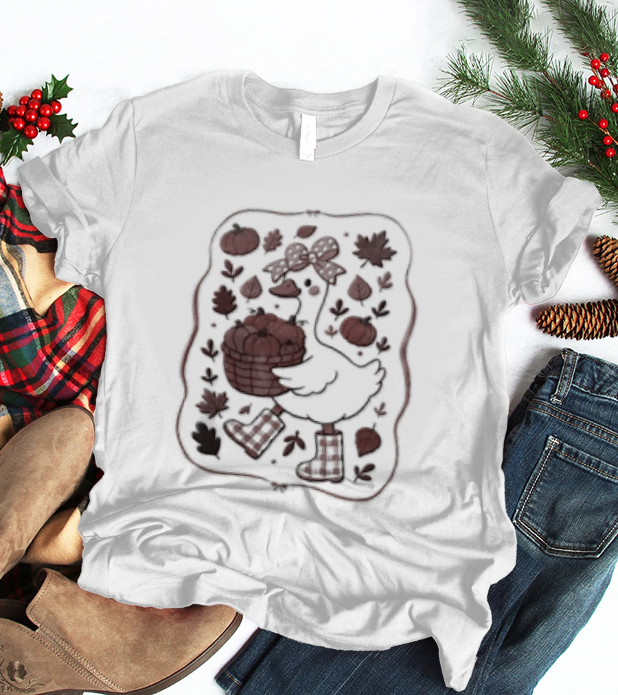 Goose Bow Rain Boots Basket Pumpkins Autumn Leaves T-Shirt