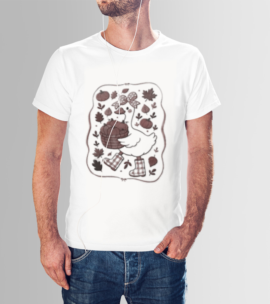 Goose Bow Rain Boots Basket Pumpkins Autumn Leaves T-Shirt